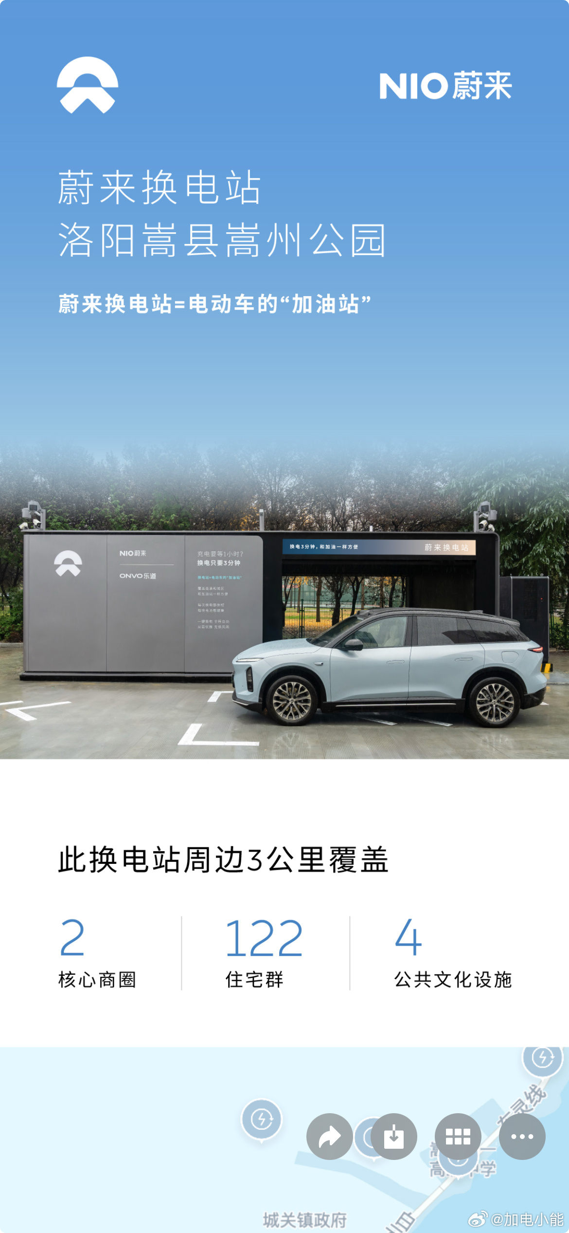 换电站是电动车的加油站蔚来换电站 | 洛阳嵩县嵩州公园 上线周边3公里覆盖2大核