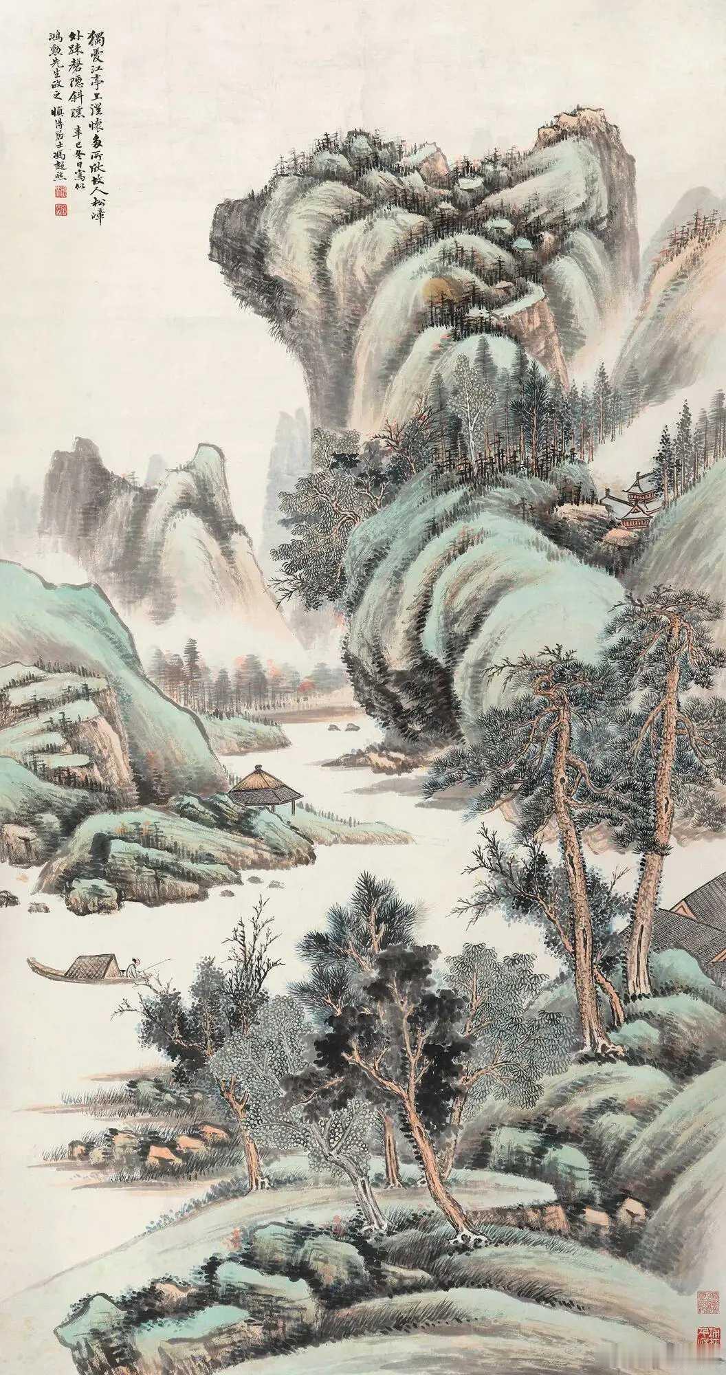 冯超然《江亭独钓》，立轴 设色纸本 179×93 cm。冯超然（1882-195