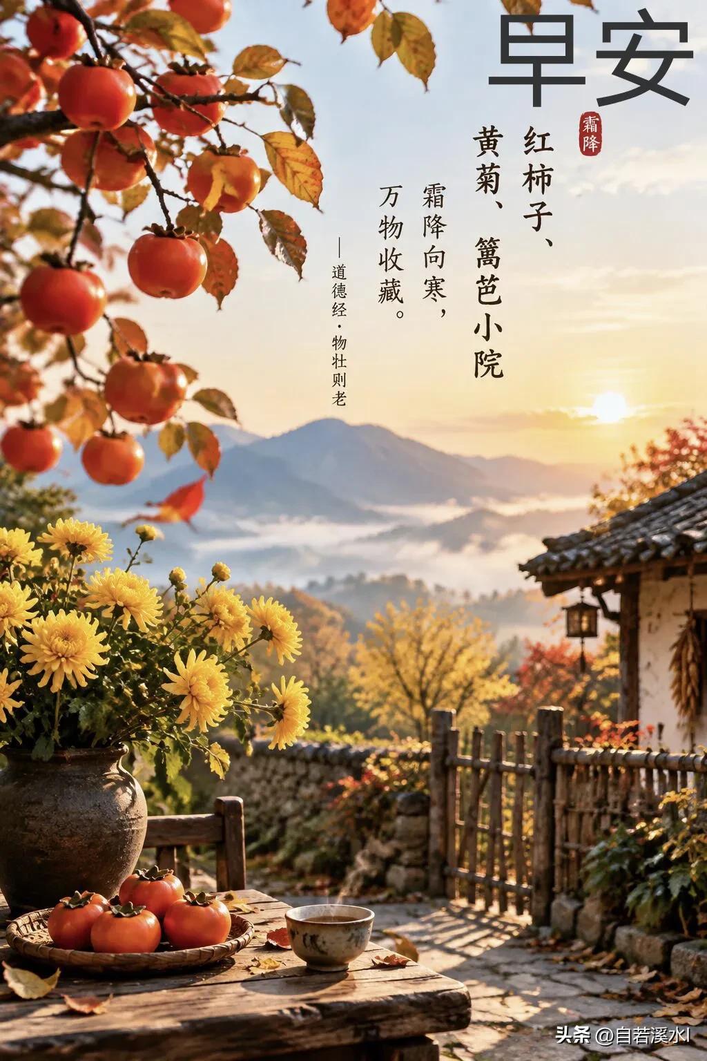 柿红菊艳，霜染秋光，愿万事“柿柿”如意，早安吉祥。