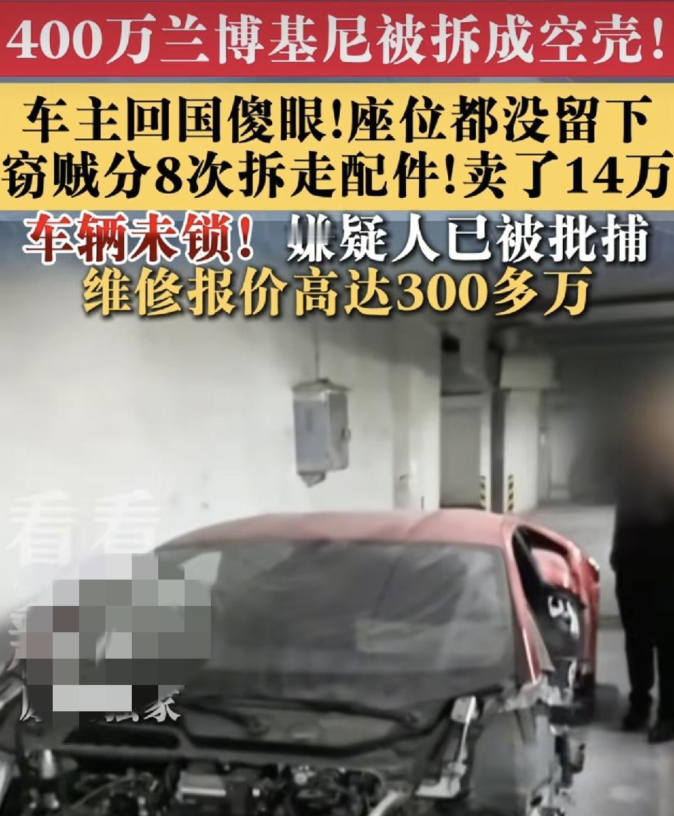 上海一女士因出国留学，把自己价值400多万的兰博基尼停在车库，由于长期停放车上布