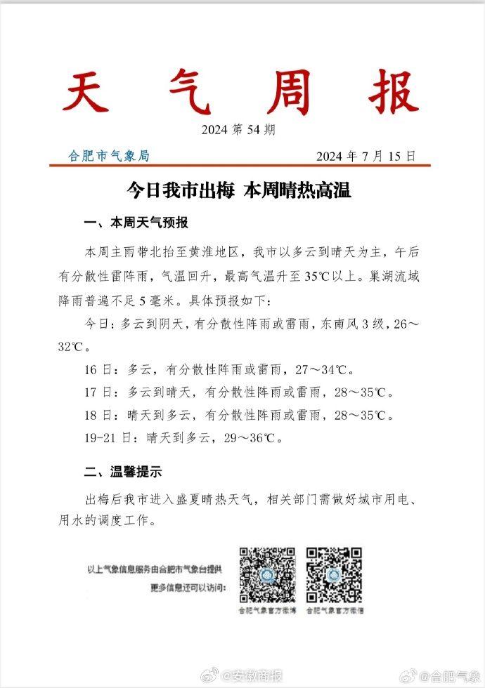 【#合肥今天出梅#  本周晴热高温】 #关注合肥高温天气#  据一、本周天气预报
