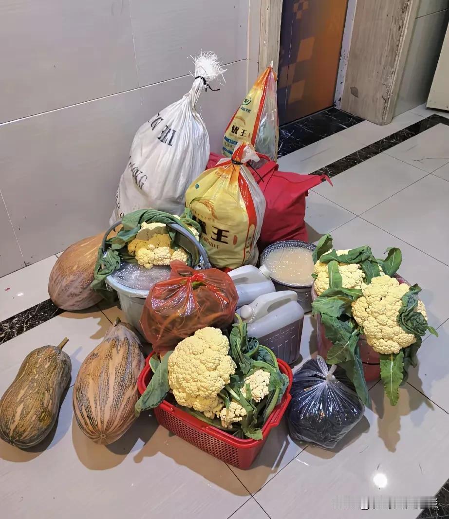 家里老妈给拿的这些东西犯了愁。我妈说好久没来了，要来县城看看孙子，顺便给我们带点