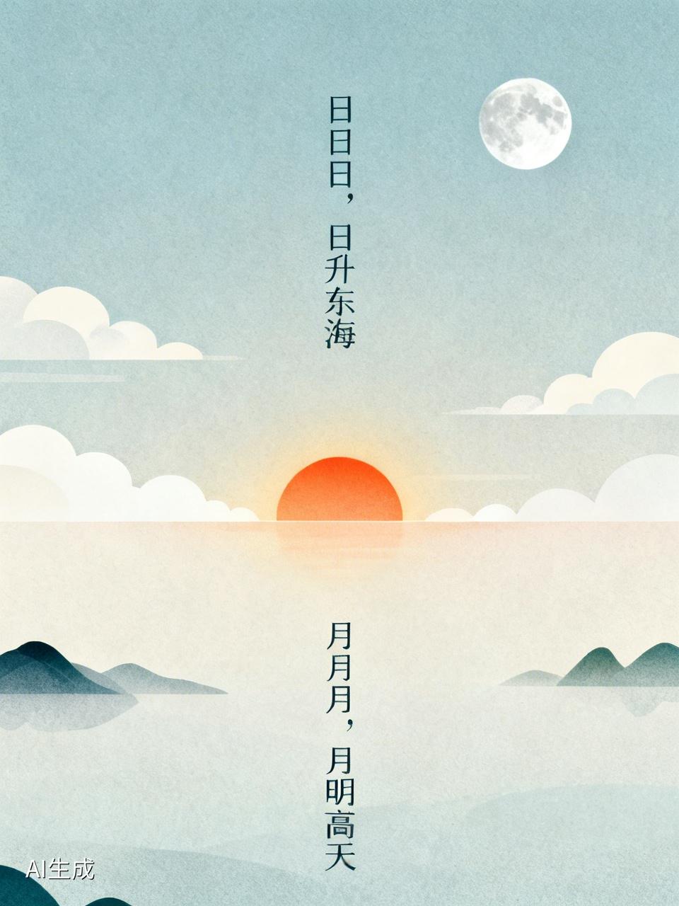 上联：日日日，日升东海，
下联：月月月，月明高天。               