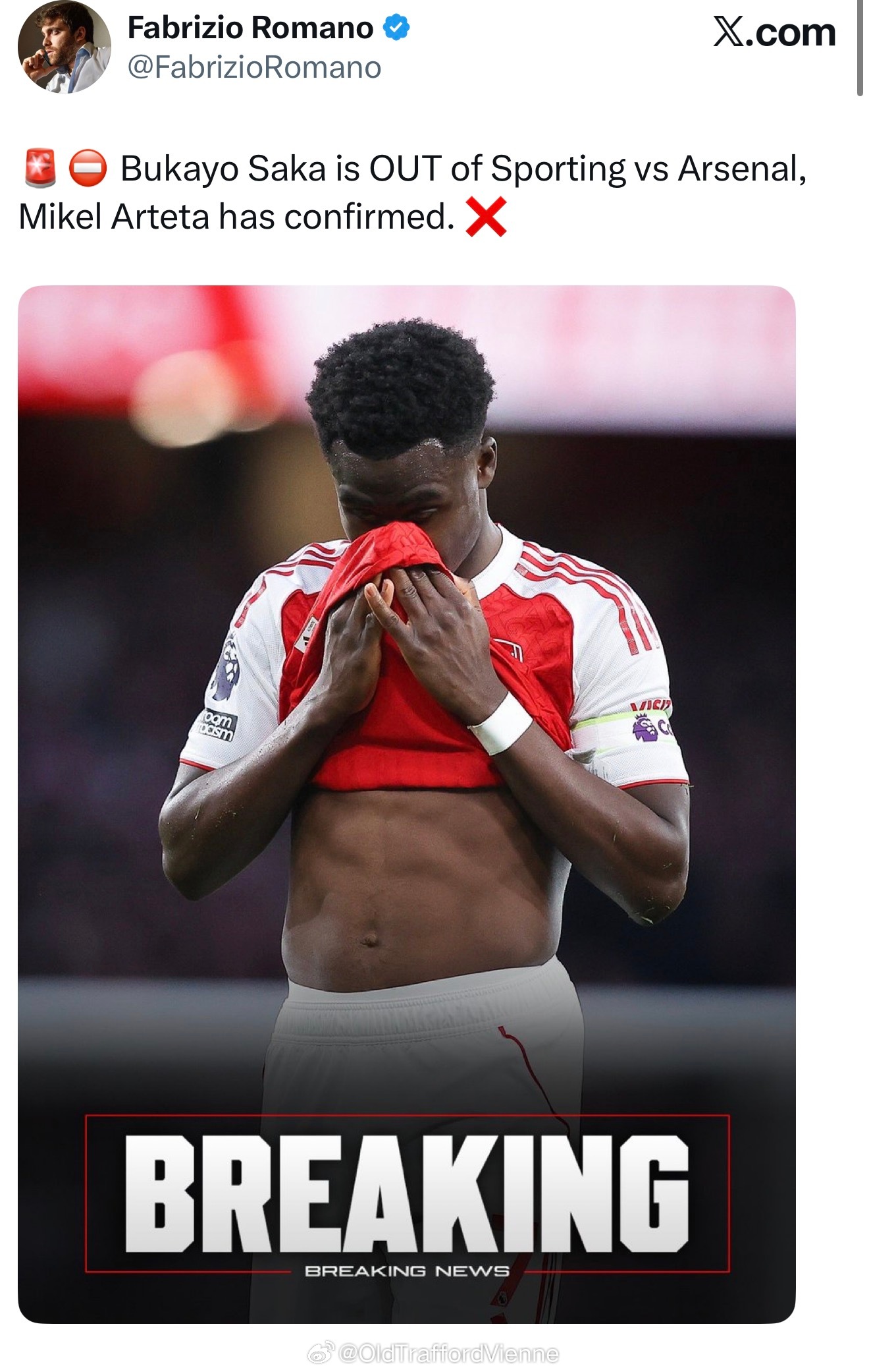 阿森纳确认萨卡缺席对阵葡萄牙竞技的比赛，伤了？ 