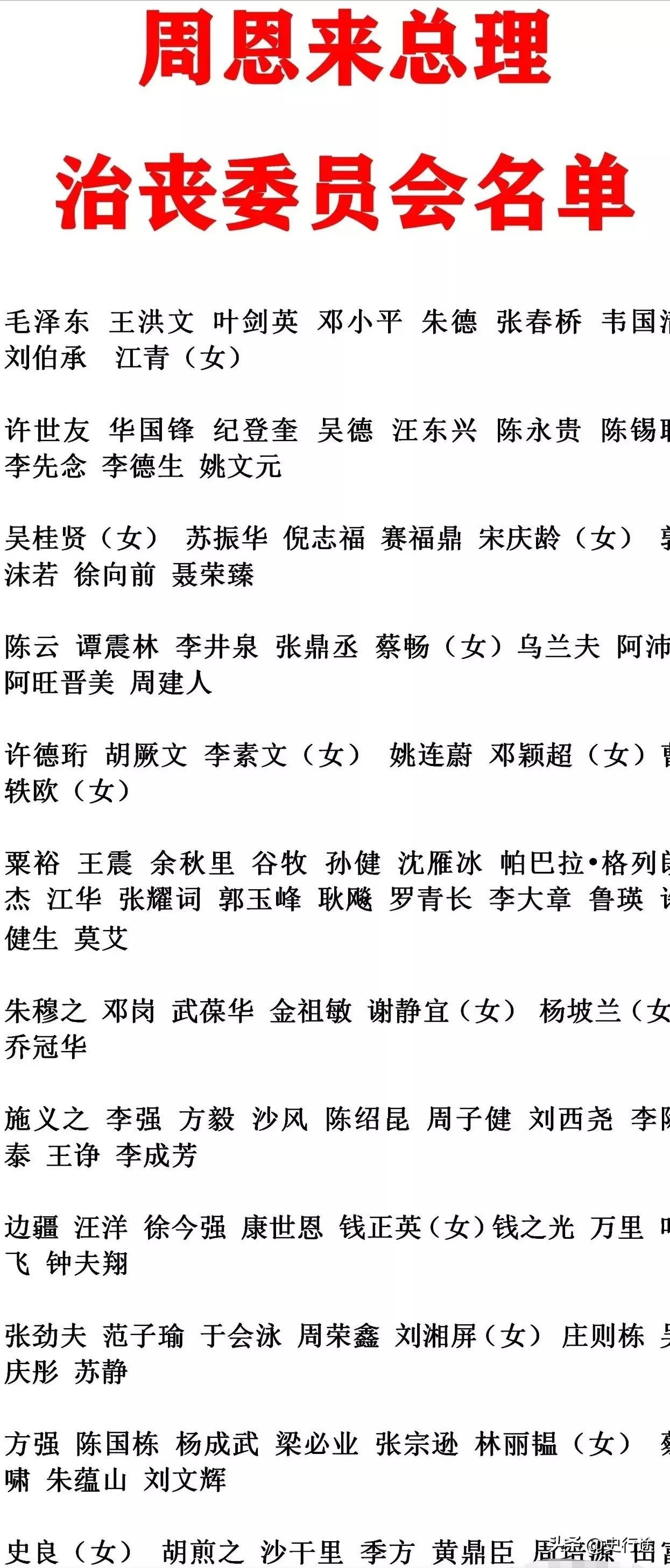 周恩来总理治丧委员会名单一览。
毛主席排在首位，有多位开国将帅紧随其后。
五位开