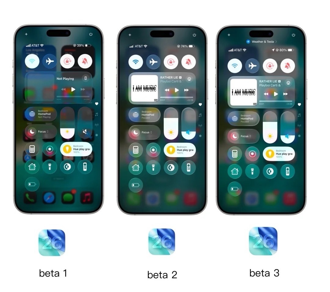 iOS26三个测试版的控制中心透明度对比，大家比较喜欢哪一版？[思考] ​​​