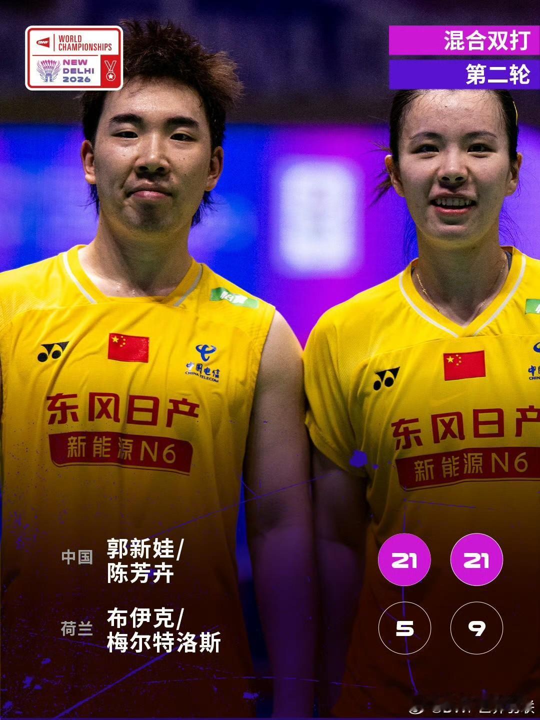 上午赛果
郭新娃/陈芳卉🇨🇳 21-5、21-9 布伊克/梅尔特洛斯🇳🇱