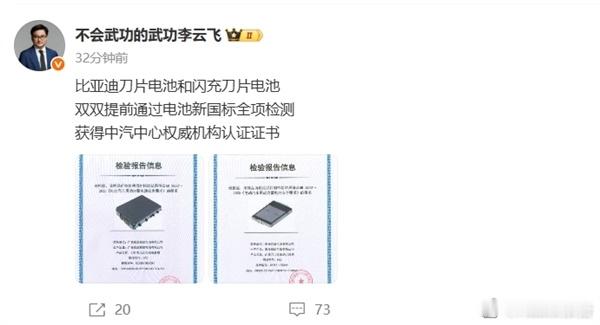 比亚迪刀片电池或提前通过新国标 5月27日，比亚迪宣布，刀片电池和闪充刀片电池双