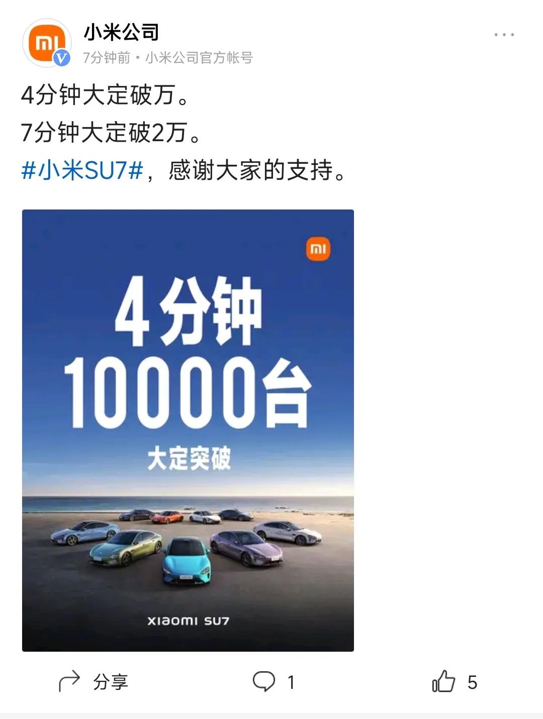 小米汽车四分钟大定破万，七分钟大定破两万，不到十分钟，50亿销售额到手了。
中国