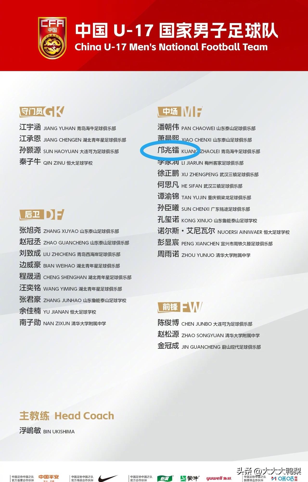 U17名单邝兆镭又入选，可联赛半年才踢58分钟，浮嶋敏为啥非带他不可？

7月2