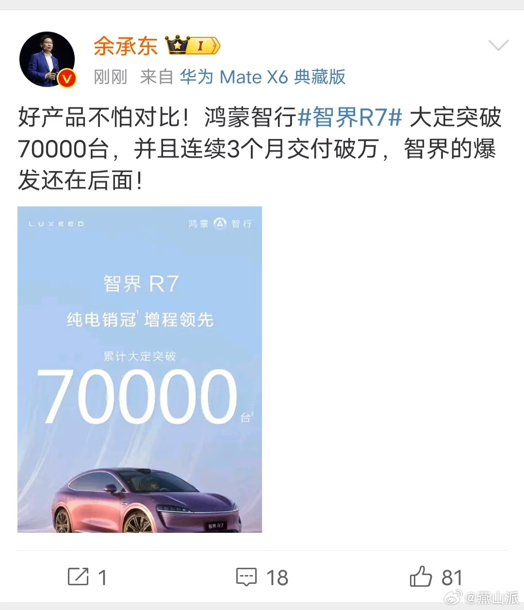 后劲儿真足！ 智界R7累计大定突破70000台 ，交付连续3月破10000台，余