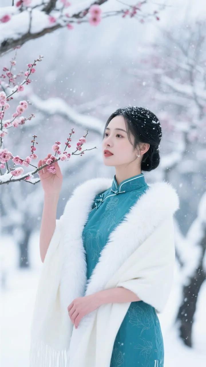 冬日雪景中的古典美人，粉花与白雪相映成趣。