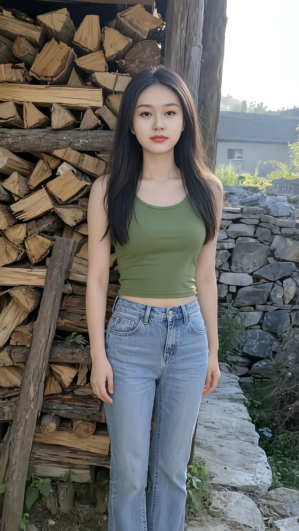 绿衣少女倚柴堆，红唇轻启似有言。