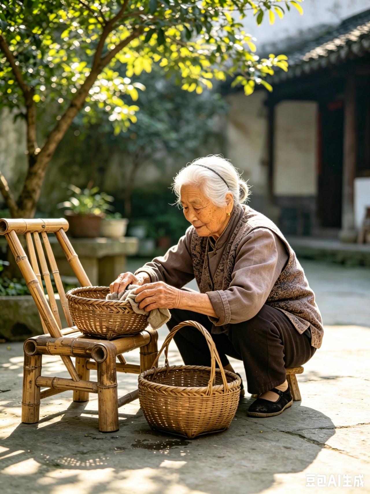 母亲｜90多岁的她，擦完藤筐总要看一会儿门口

弟弟发来小院的视频。

母亲蹲在