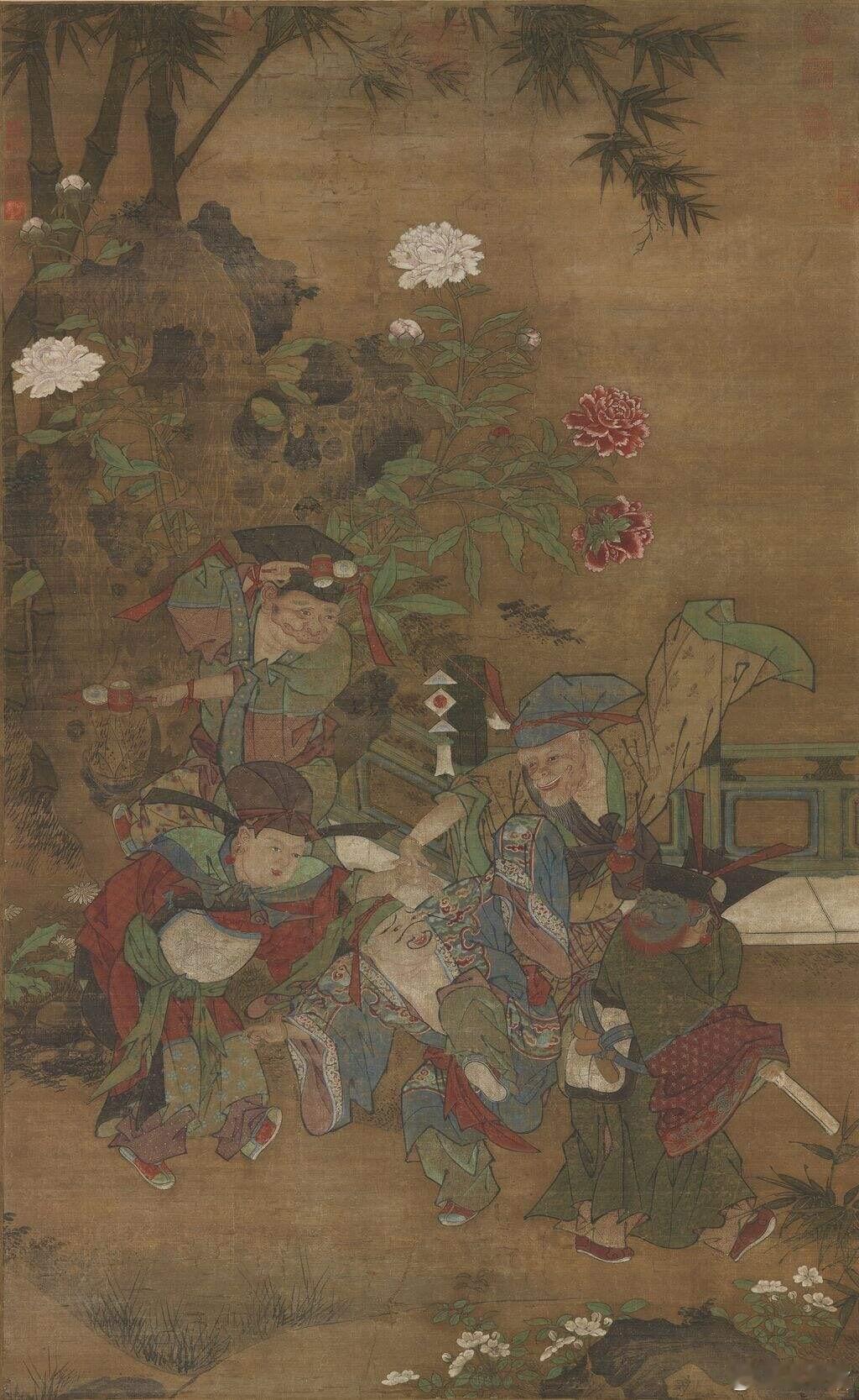 《五瑞图》台北故宫博物院/藏本幅画竹院芍药，五童子聚戏行大傩舞，或涂面，或戴面具