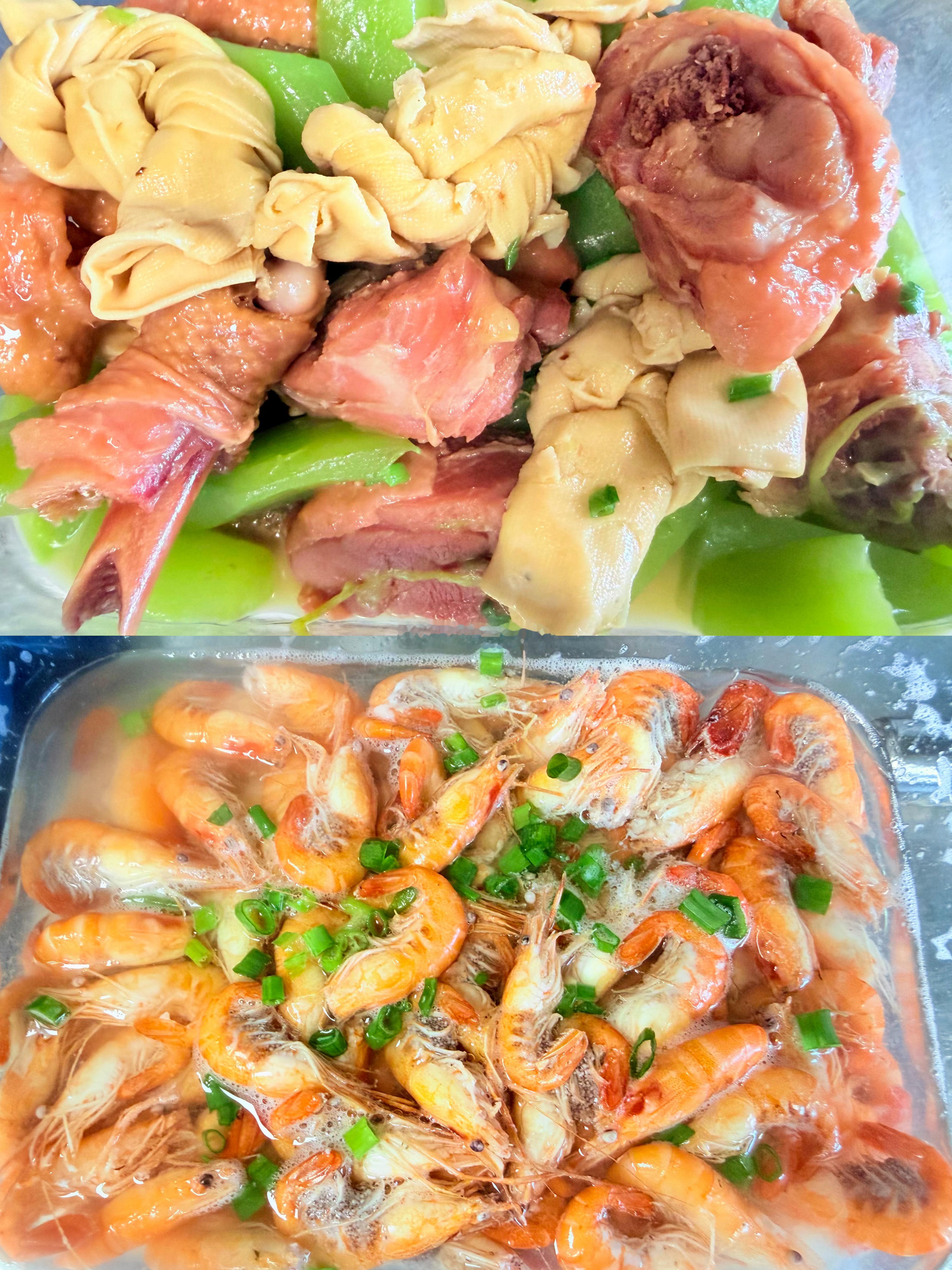夜宵独享，时光静好。腊鸡腿烧莴笋➕盐水河虾🦐大家早点休息岑先生美食分享好好吃饭
