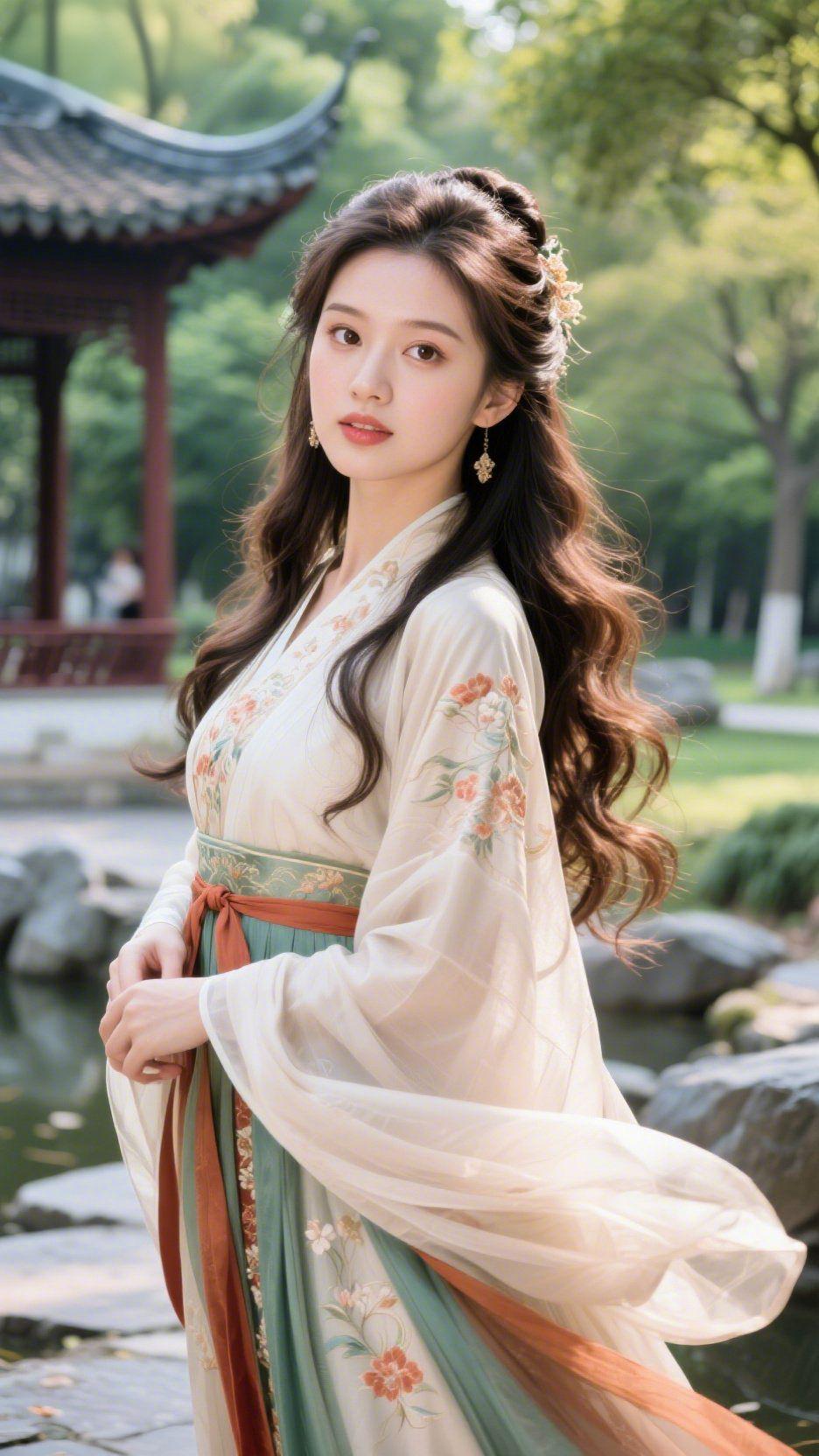 《亭边春衫柔》
 
风掠池柳，将衣袂掀作轻软的云，裙上花影随步轻摇，沾了满袖春的