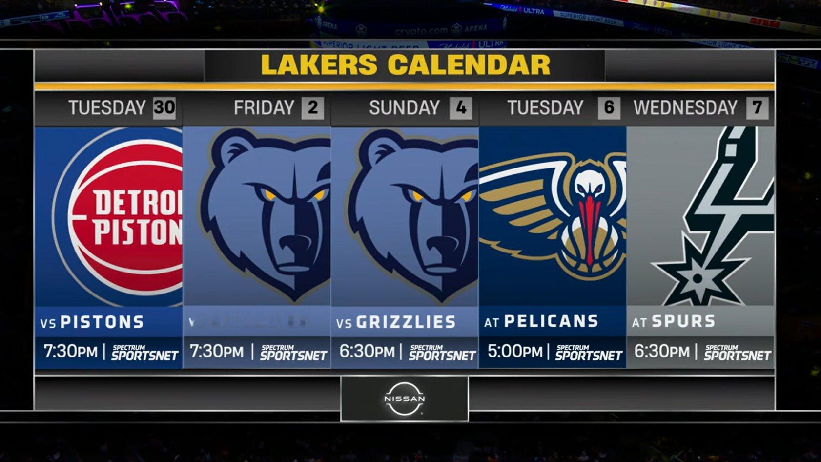 新的开始，湖人队未来五场比赛，3主2客：活塞、灰熊、灰熊、鹈鹕、马刺能赢多少场呢