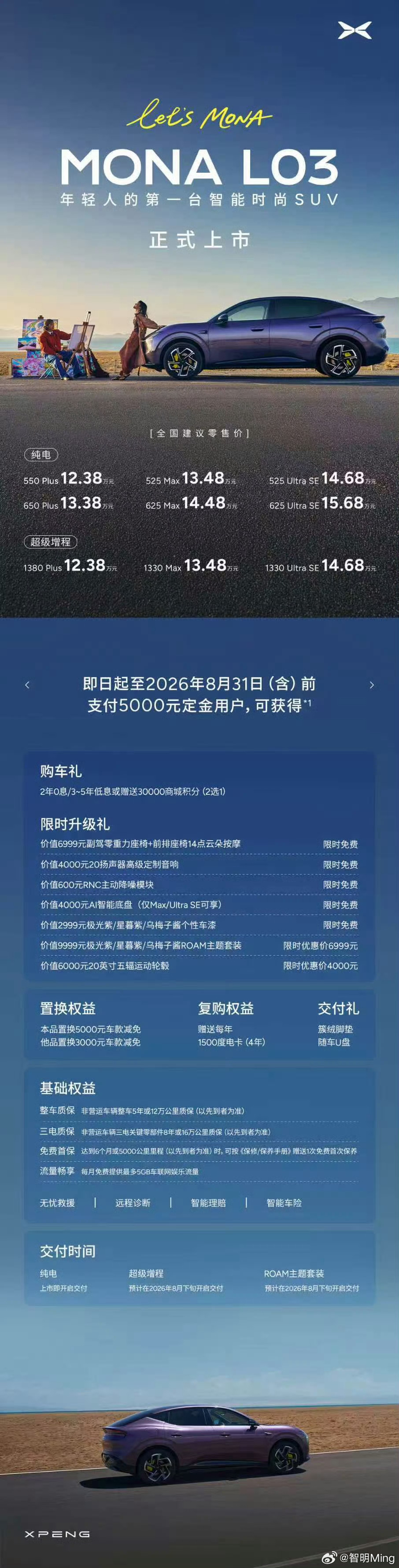 小鹏MONA L03售价来了！在中国市场同步推出纯电及超级增程两种动力版本，覆盖