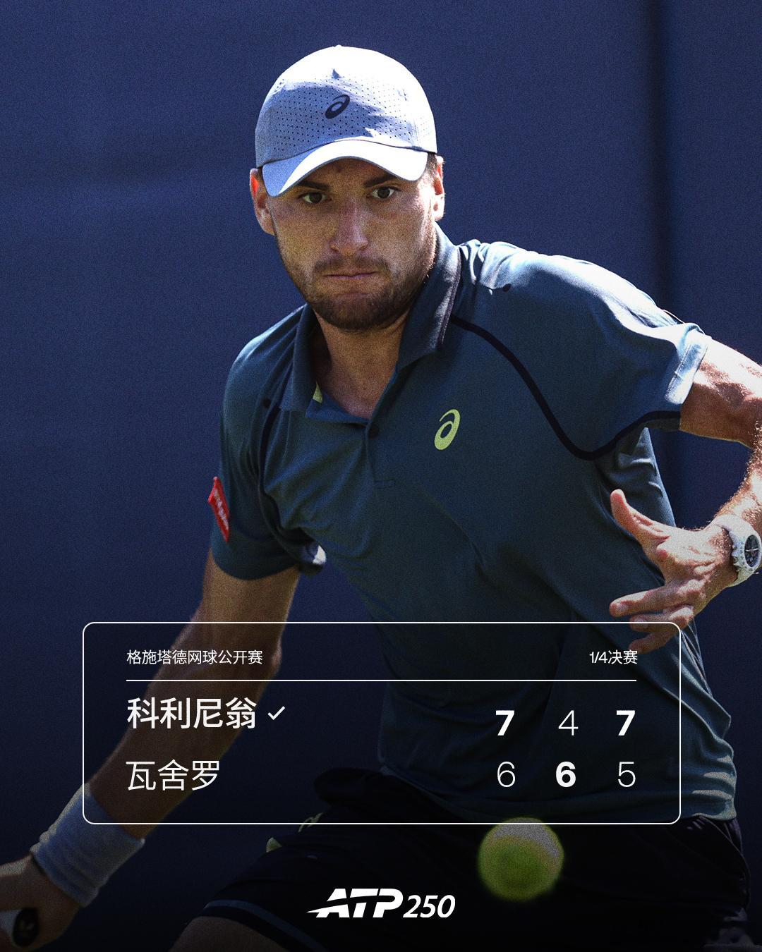 科利尼翁淘汰瓦舍罗ATP250 格施塔德站，7号种子科利尼翁鏖战三盘，以7-6(