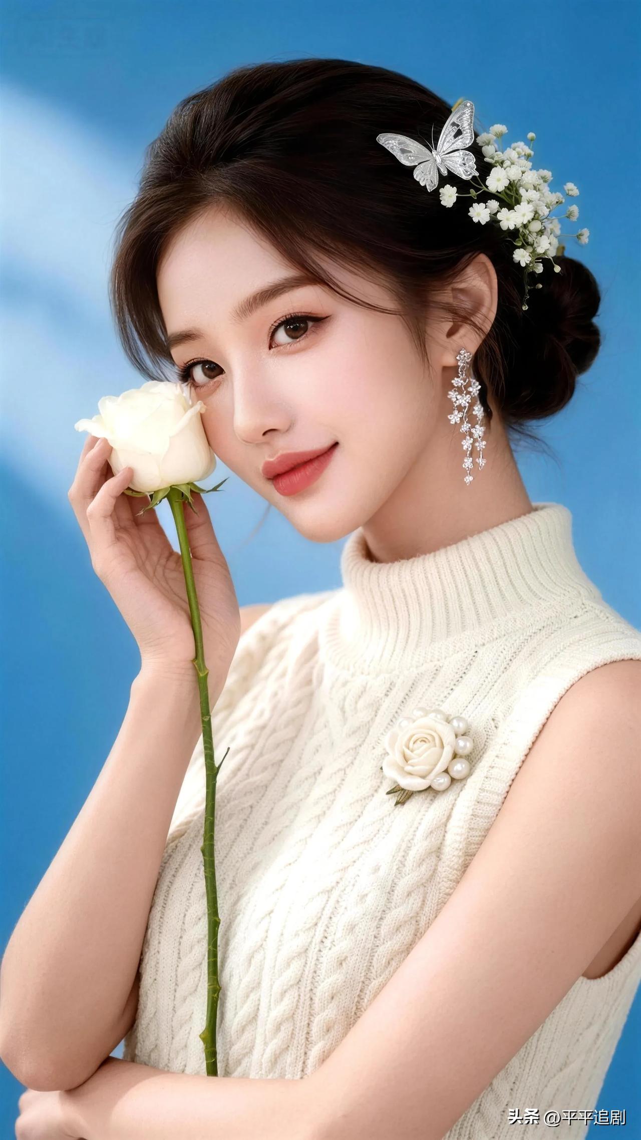 白玫瑰与满天星缀满温柔，清透蓝底衬出雅致，把春日的浪漫与纯净，都藏进这一眼心动里