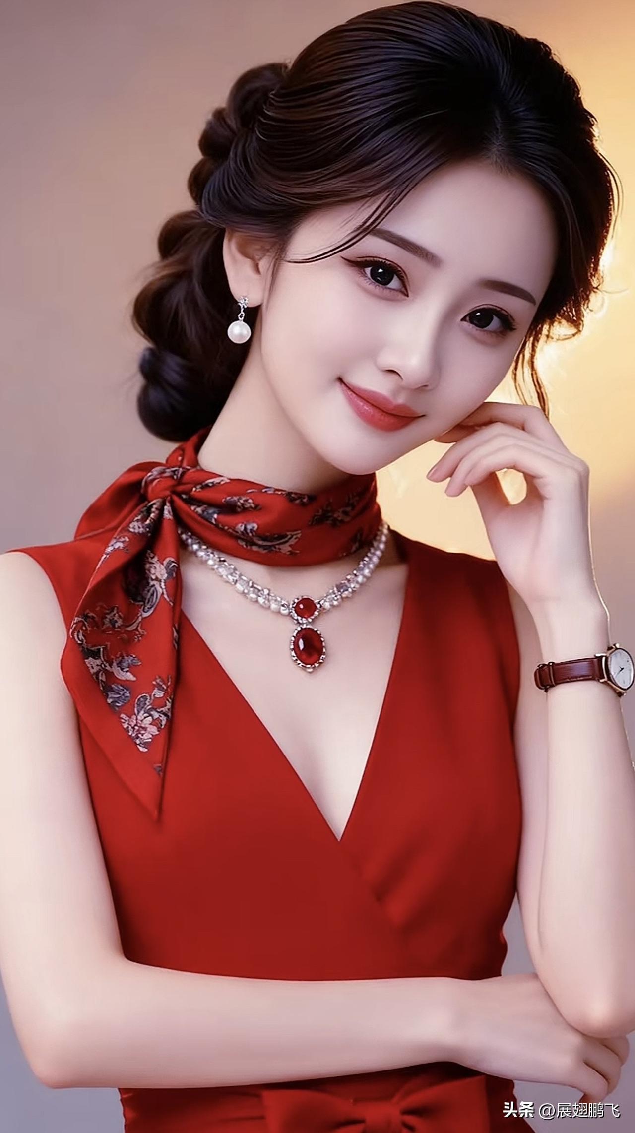 优雅红裙，复古发髻，珍珠项链，尽显东方古典美红裙配饰 紫色珍珠发饰 玉簪盘发 紫