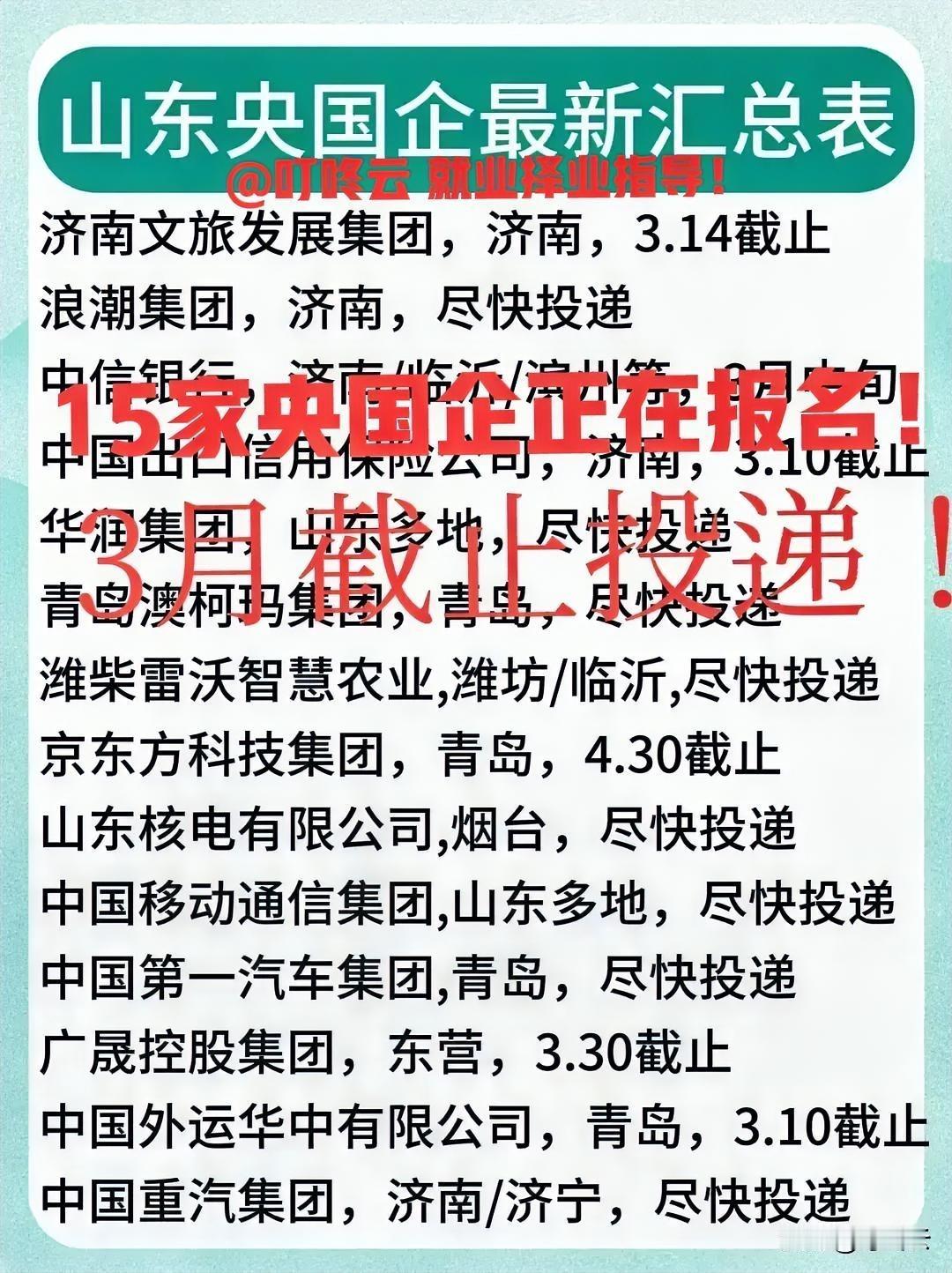 最新山东15家国央企招聘合集炸场来袭，正在报名中，错过拍大腿！这15家国央企招聘