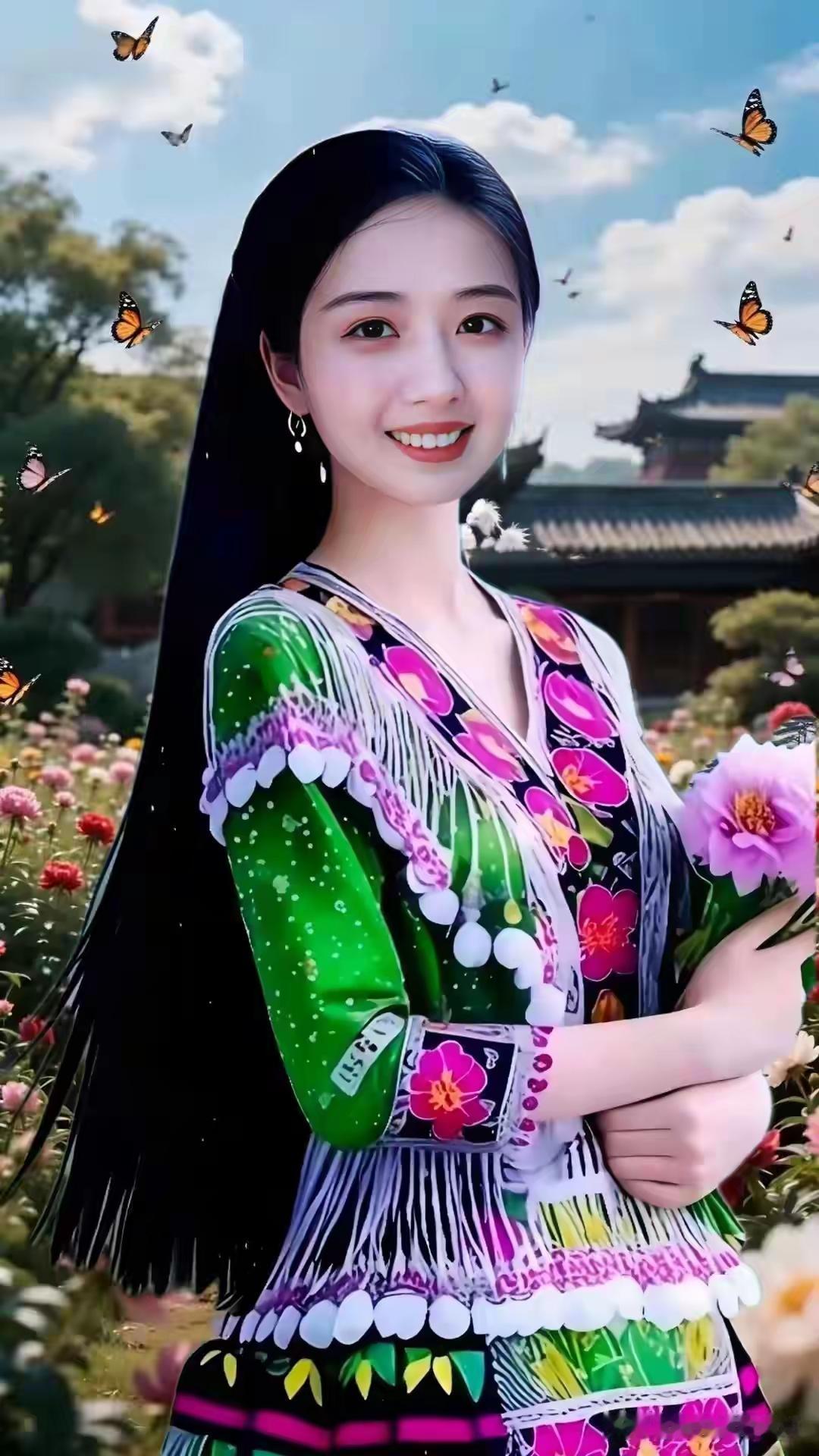 这姑娘穿得真花哨，笑得好甜。