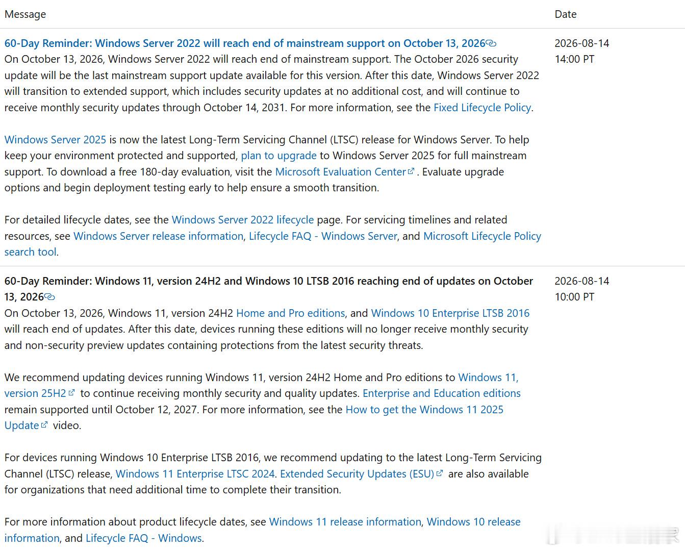 当地时间 8 月 14 日，微软发布 60 天倒计时提醒，Windows Ser