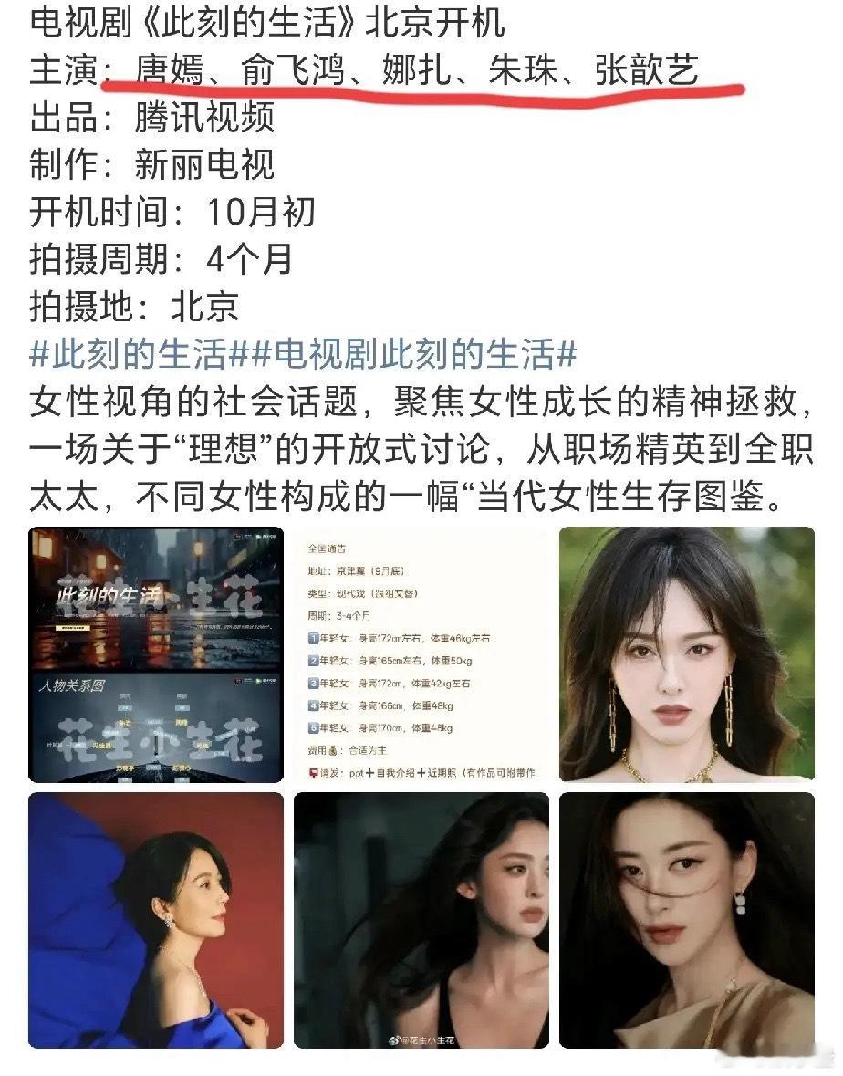 一部有五个大美女参演的剧马上要来了，就问你们追不追唐嫣的新剧《此刻的生活》马上就