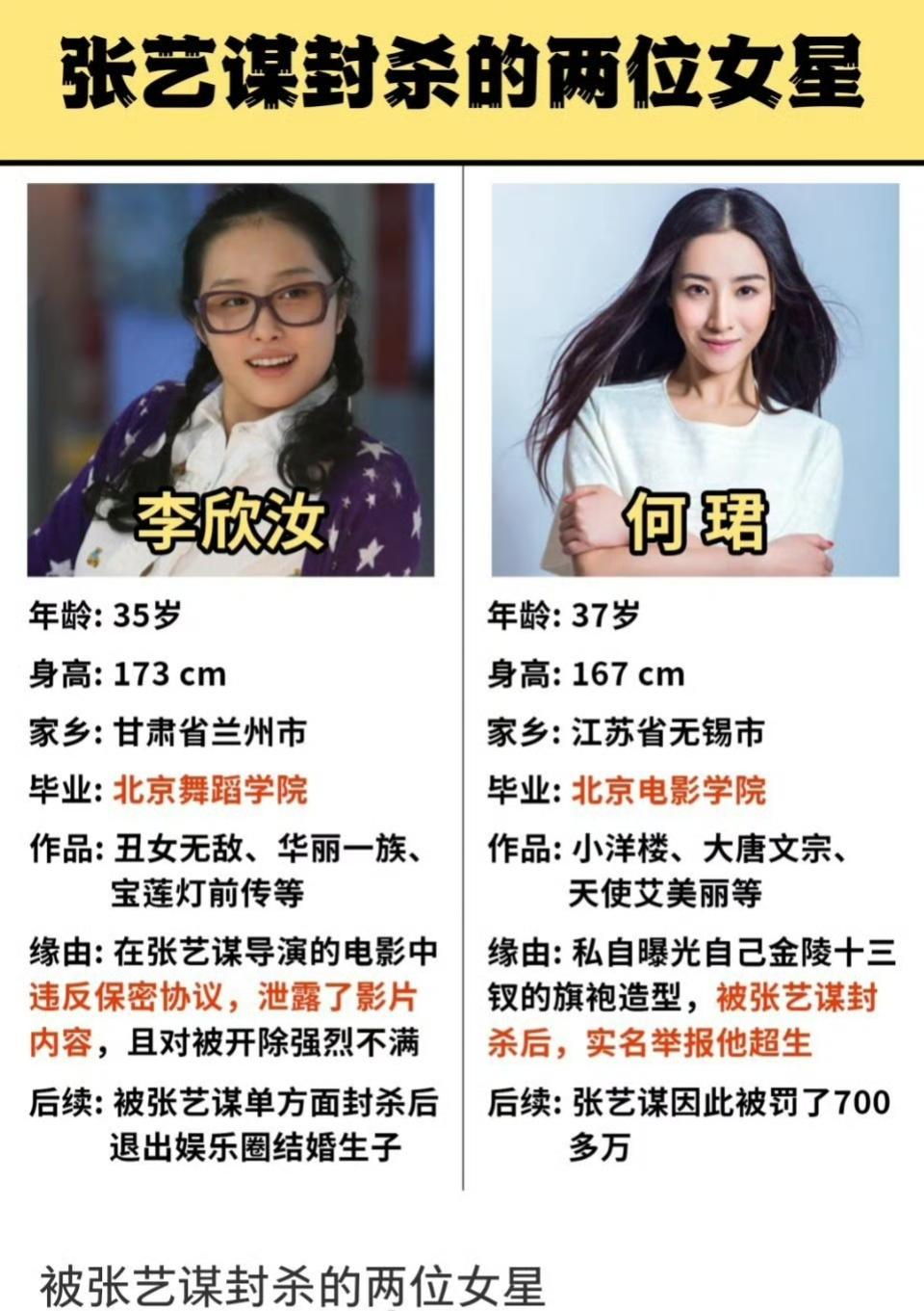 被张艺谋封杀的两位女星现状！