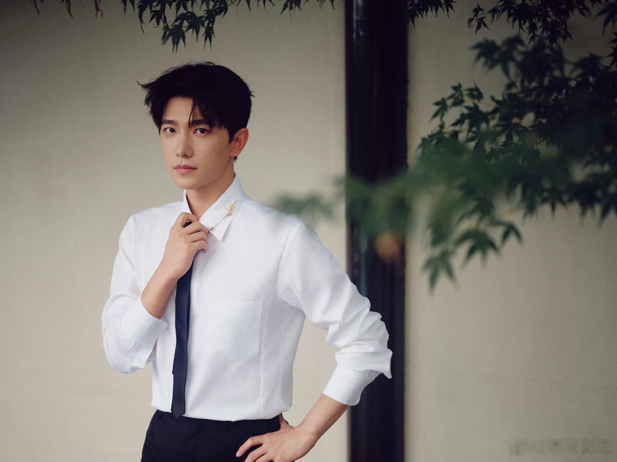 杨洋 × 抖音心动榜品牌发布会白衬衫和黑领带的经典组合，领间一枚金属竹节点缀，于