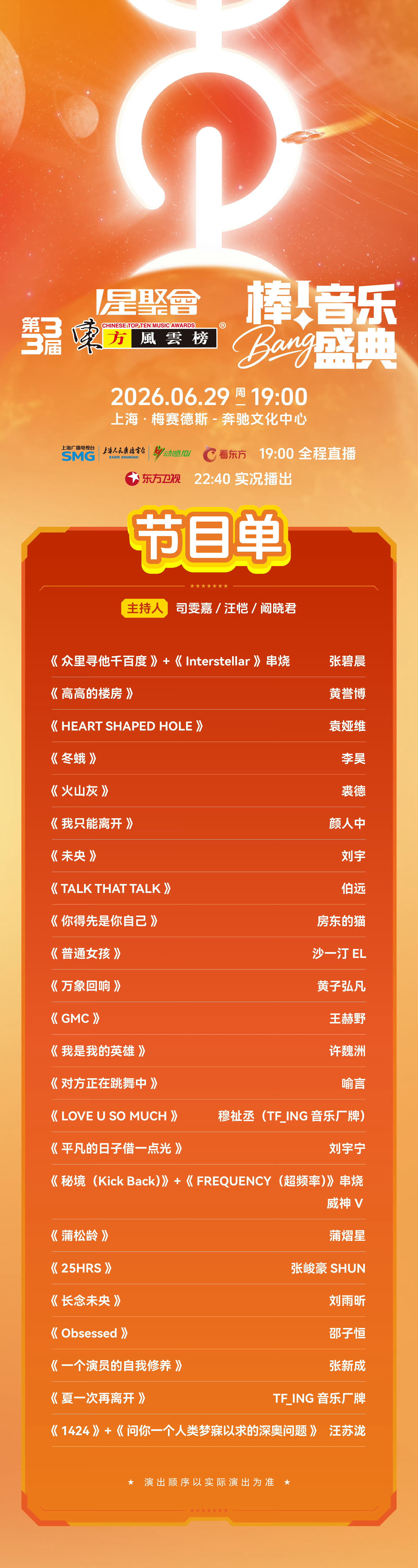 东方风云榜节目单第33届东方风云榜 节目单公开，你期待谁的舞台？👀 
