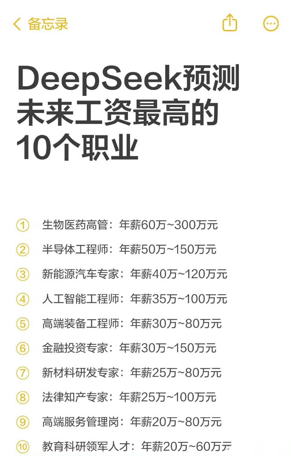 DeepSeek预测未来工资最高的10个职业