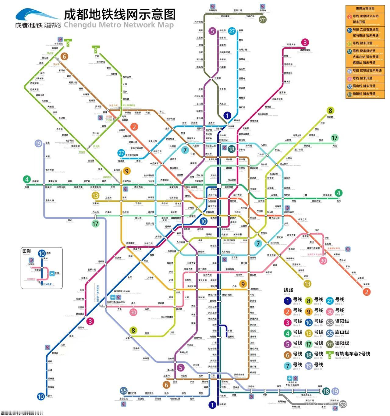 成都地铁2025运营线网示意图！这里面纳入了近期两年将会建成开通的线路和已开通的