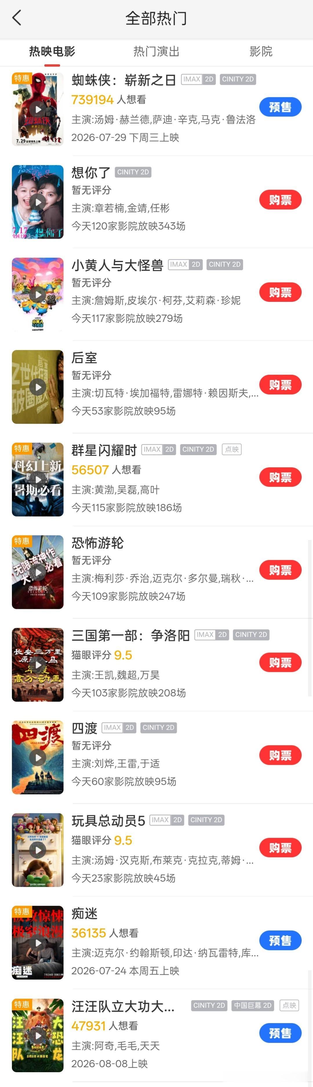现在7月底到8月初要上映的几部电影已经开启了预售。
我看了一下我们最关注的那个电