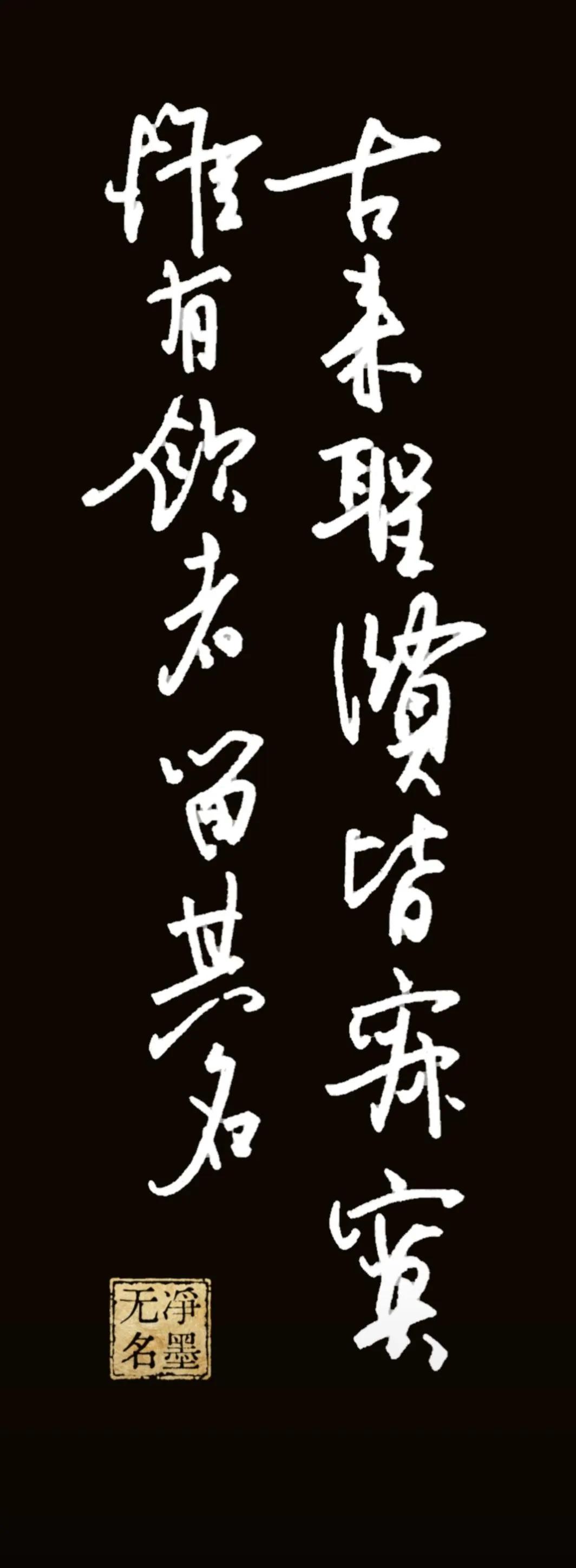 钢笔抄写，黑白反色
古来圣贤皆寂寞，
惟有饮者留其名。
出自李白《将进酒》。
词