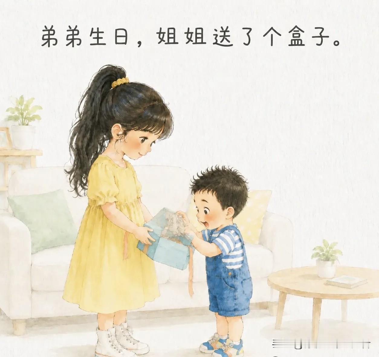 趣味漫画分享：弟弟生日，姐姐送了个盒子。弟弟激动地打开，里面是一双旧袜子。弟弟：