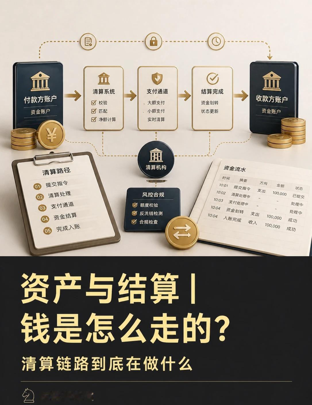 资产与结算｜钱是怎么走的—清算链路
前面几篇我们讲了：
为什么会有在途资金，
为