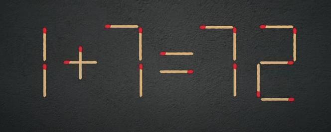 这是一道极具挑战的火柴棒谜题！图中的等式1 + 7 = 72显然不成立。现在规则
