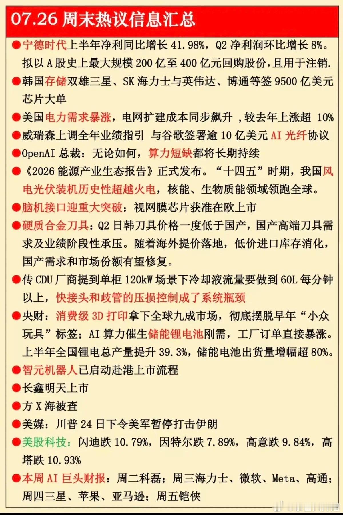 7.26周日  财经热点信息参考！1.宁德时代，半年报业绩2.存储芯片3.美电力