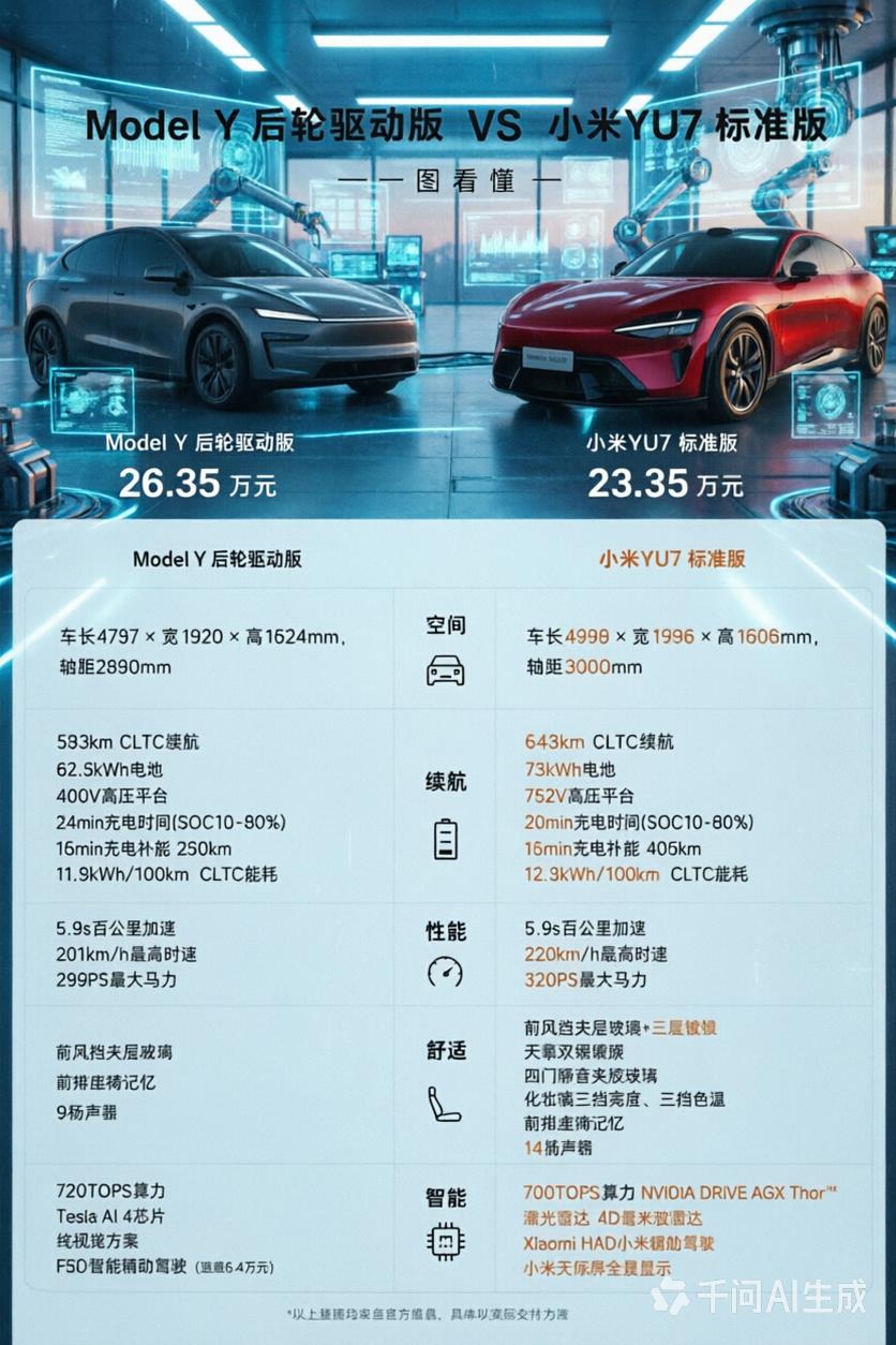 后台有朋友在问：特斯拉Model Y和小米YU7之间二选一，怎么选？两台都是当前