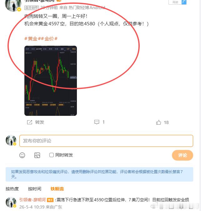 周一行情就很精彩，一来一回博弈着！给出的4597空，到达4590后再度反转！这就