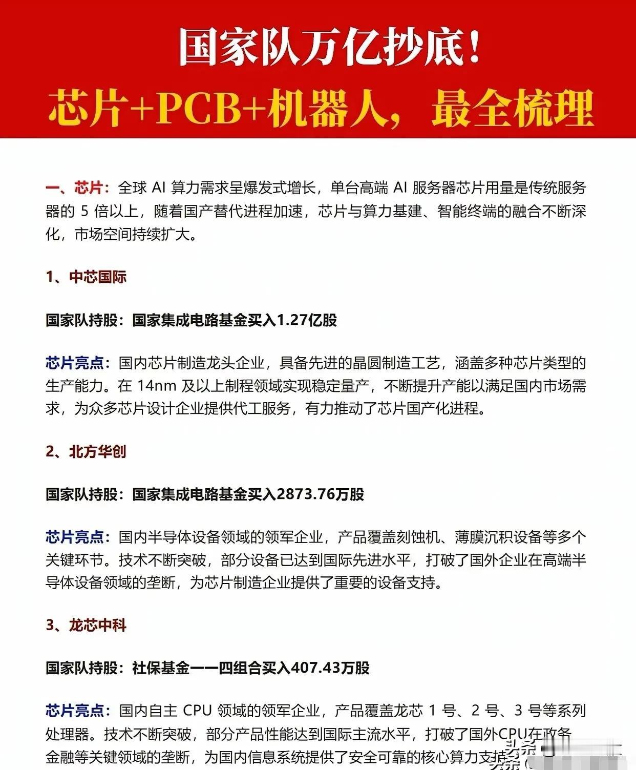 国家队万亿资金布局三大高景气赛道：芯片、PCB、机器人

（背景：全球AI算力需