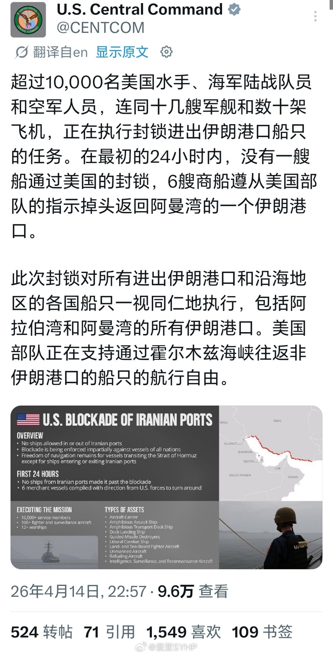 美军出动1万人封锁霍尔木兹海峡声称没有任何船只成功突破美军的封锁美军中央司令部发