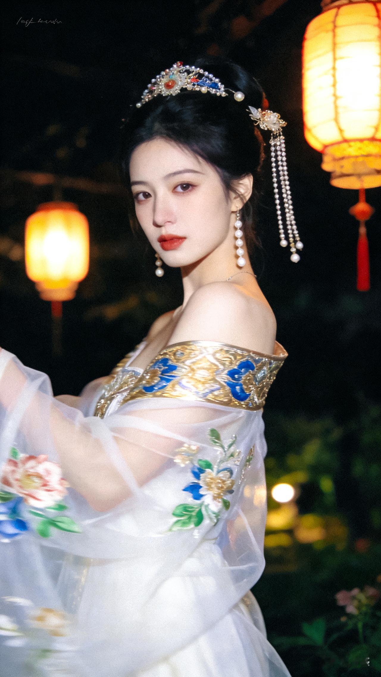 你喜欢哪一种气质的美人? 夜色中的古典美人，红唇轻启，华服飘逸，宛如古代仕女图。