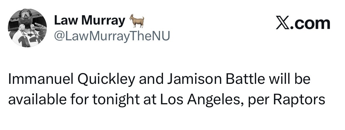 据猛龙队消息，奎克利和巴特尔，可以出战与湖人队的比赛。 