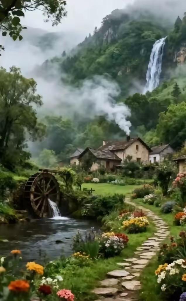 塞鸿秋·乡居
青山环抱茅檐下，
水车翻溅珠花撒。
石径蜿蜒通幽雅，
繁英满坡迎霞