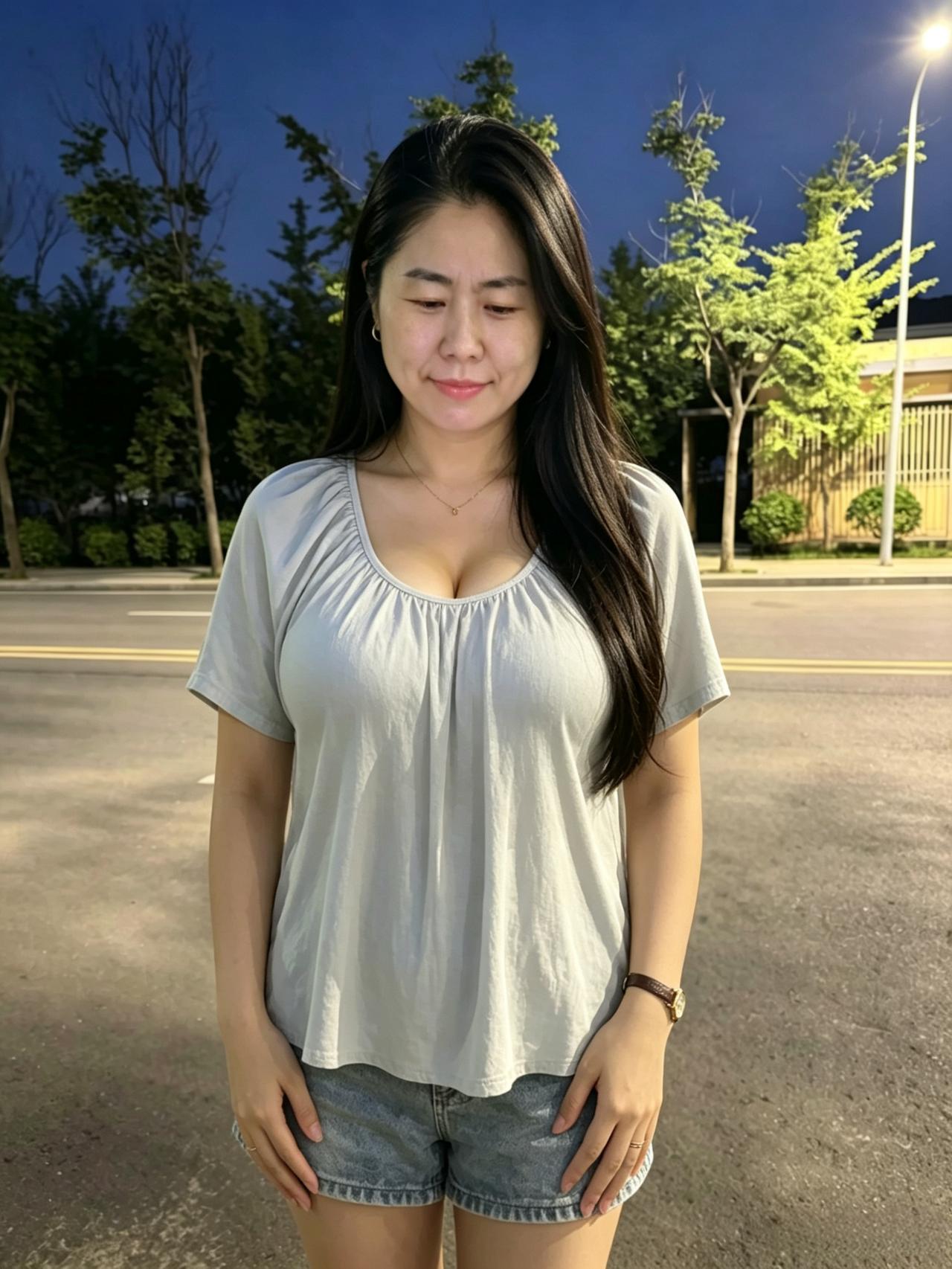 晚天如黛映街灯，轻衫漫随晚风轻。
低眉一笑春波软，自有清辉落倾城。