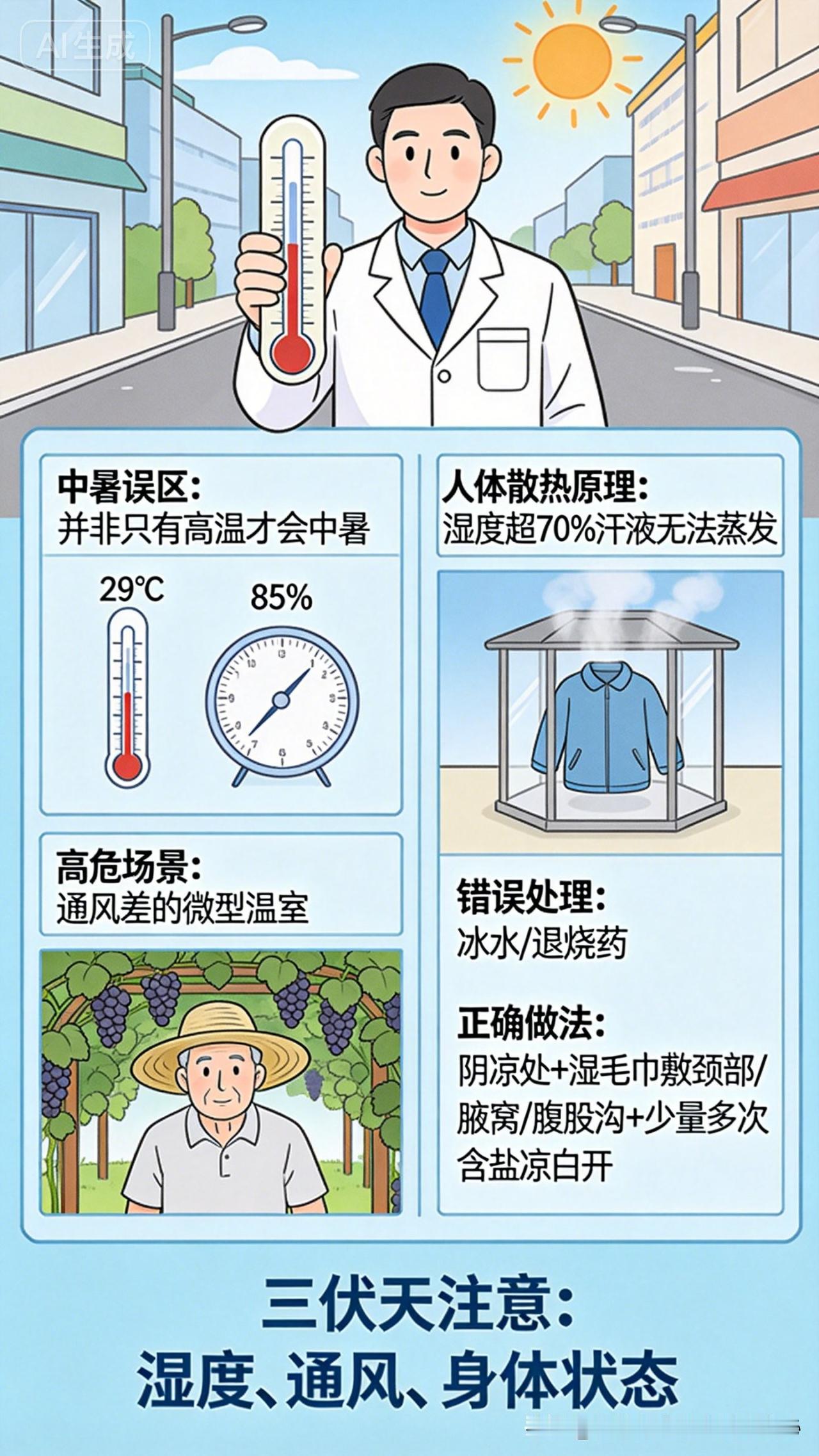 医生拿出一个体温计模型，开门见山地说：“很多人以为只有三四十度的高温才会中暑，这